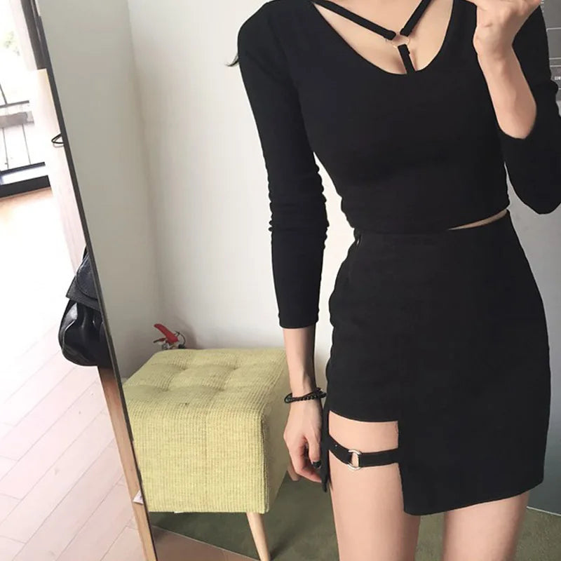 Korean Style Black Package Hip Skirts Irregular Hem Pencil Micro Mini Skirt Sexy Slim Women Party Skirts