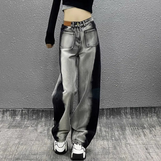 Women Patchwork Jeans Distressed High Waist Denim Wide Leg Pants Streetwear Female Vintage Denims Autumn Trousers Floor Length