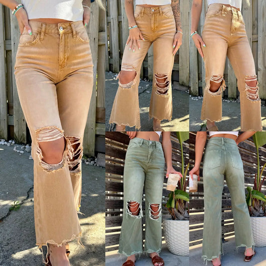 Jeans Women Denim Pants Long Pant Hole Straight Trousers Casual Loose Mom Elegant Splice High Waist Simple Autumn Summer