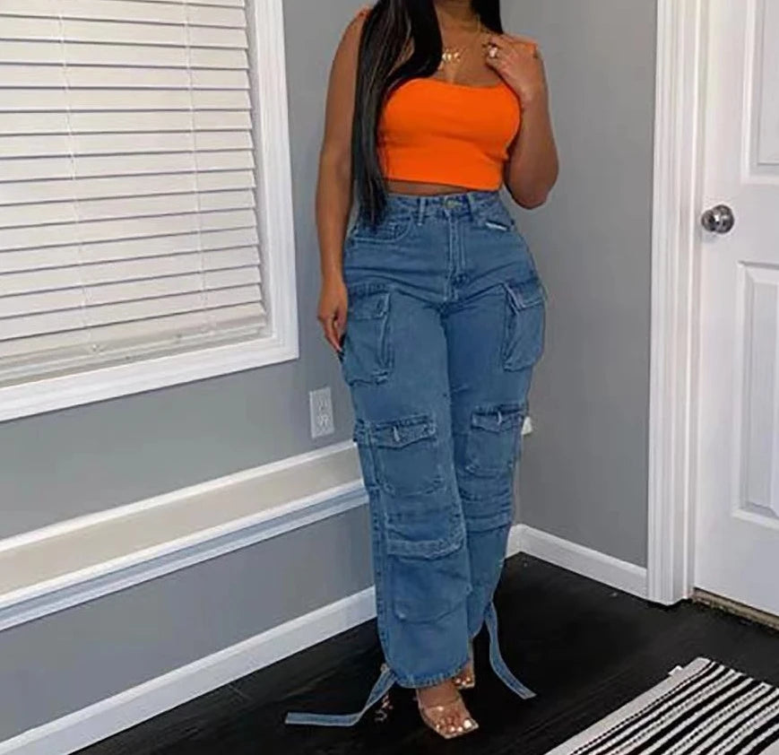 American Vintage Trendy Streetwear Women's Fashion Jeans Flip Up Multi Pocket Jeans Cargo Pants High Waist Washed Hiphop Jeans