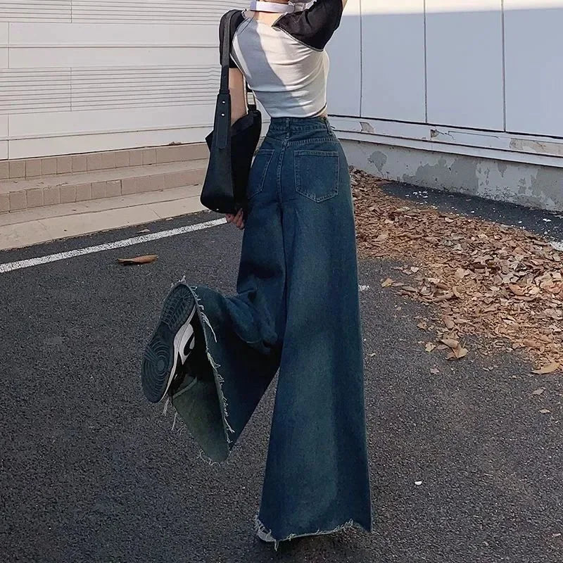 High-waisted Stretch Pants Vintage Super Wide-leg Jeans Fashion Korean Edition New Style Versatile Straight Baggy Jeans Women