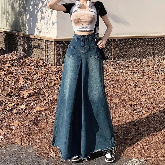 High-waisted Stretch Pants Vintage Super Wide-leg Jeans Fashion Korean Edition New Style Versatile Straight Baggy Jeans Women