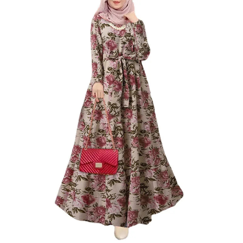 Women dress Eid Muslim Abayas Long Sleeve Dubai Abaya O Neck Print Long Robe Kaftan Belt Casual Loose Ramadan Morocco Patchwork