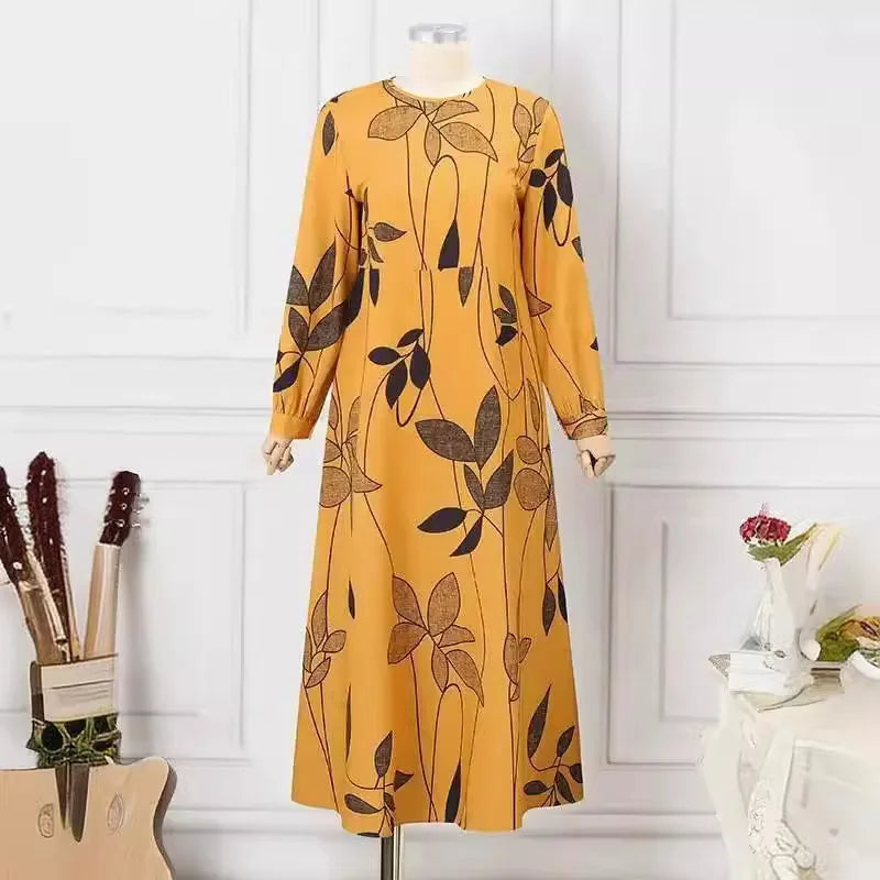 Muslim Printed Long Sleeve Dress for Women Casual Bohemian Robes Holiday Muslim Dress Dubai Full Length Abaya Turkey Spring Robe