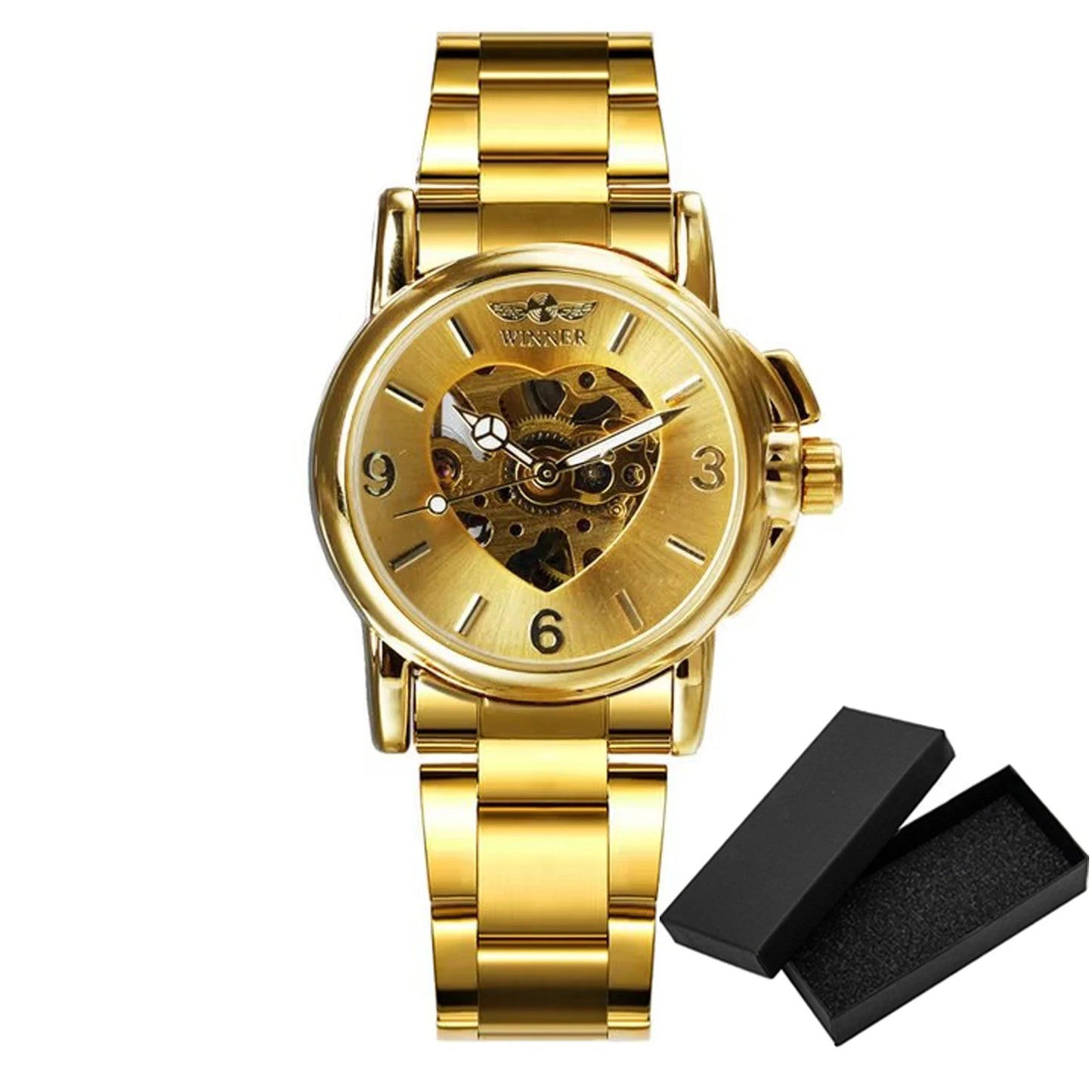 Fashion Winner Brand Watches Women Watch 2021 Automatic Mechanical Golden Heart Skeleton Dial Stainless Steel Band Elegant Lady