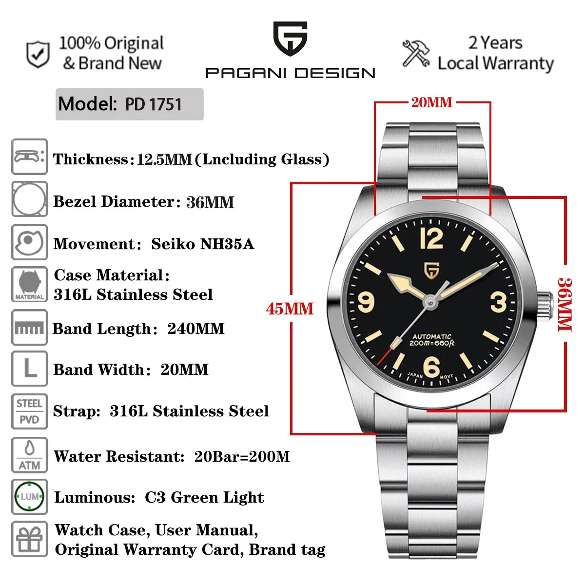 PAGANI DESIGN Luxury Men's NH35 Automatic Mechanical Watch PD1751 Stainless Steel 36MM Sapphire Waterproof  Clock reloj hombre