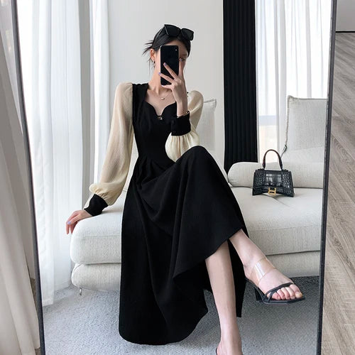 Fashion Dresses for Women Long Sleeve Party French Style Dress Solid Square Collar Midi Zipper 2023 New Spring Summer Dress