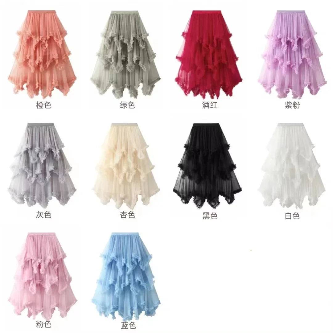 Summer Fashion Irregular Cake Tulle Skirt Women Sweet Midi Long High Waist A-line Skirt Female Mesh Party Evening Skirt