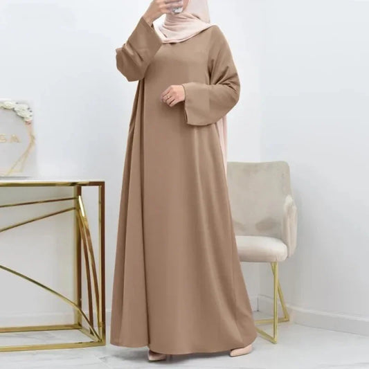 Femme Loose Turkey Kaftan Vintage Spring Muslim Dress Malay Simple Solid Women Abaya O-neck with Belt Big Size Long Sleeves Robe