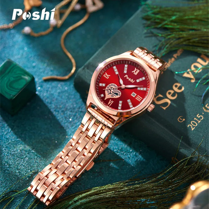 POSHI Women Watches Fashion Stainless Steel Date Ladies Wristwatch Waterproof Quarzt Watch Girlfriend Gift Relogio Feminino