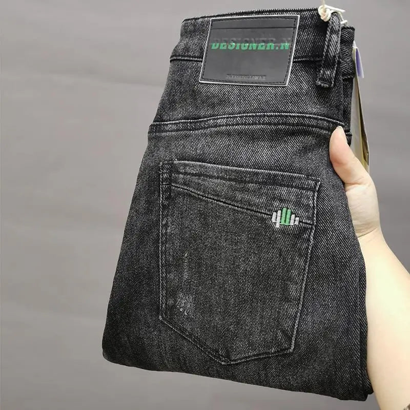 New High Quality Korean Luxury Slim Fit Denim Jeans with Letter Printed Design for Men Washed Streetwear Casual Cotton Trousers