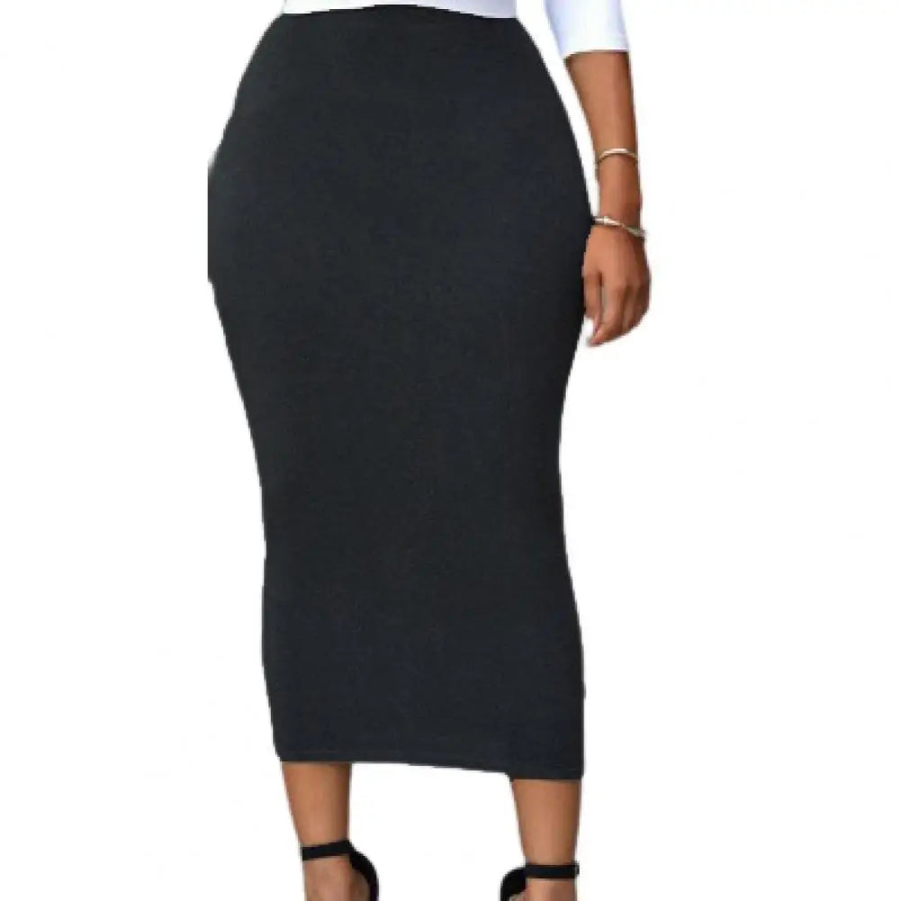 Women Skirt Solid Color Elastic Bodycon High Waist Dating Skirt Match Top Comfortable Mid-calf Length Sheath Skirt Women Garment