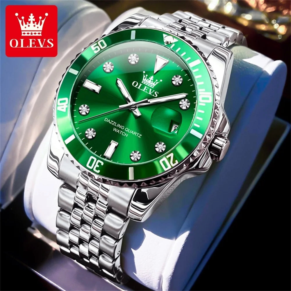 OLEVS 9809 Original Waterproof Quartz Watch For Men Top Brand Calendar Wristwatch Luminous Stainless Steel Business Man Watches