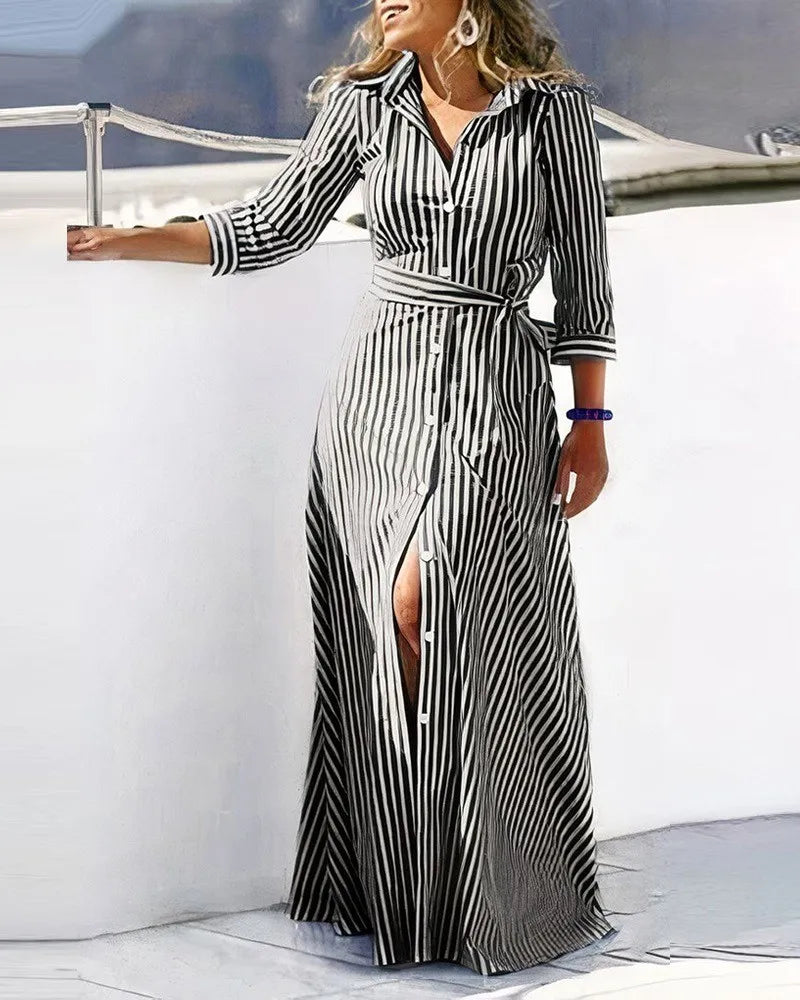 Autumn New Fashion Long Sleeved Striped Print Lace-Up Shirt Dress For Women Lapel Single Breasted Split Maxi Dress Femme Robe