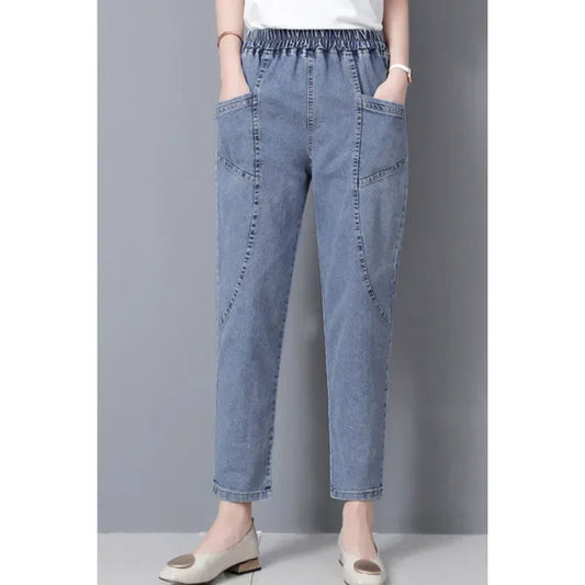 Vintage High Waist Ankle-length Blue Jeans Harem Elastic Denim Pants Large Size 4xl Woman Jogger Vaqueros Casual Baggy Spodnie