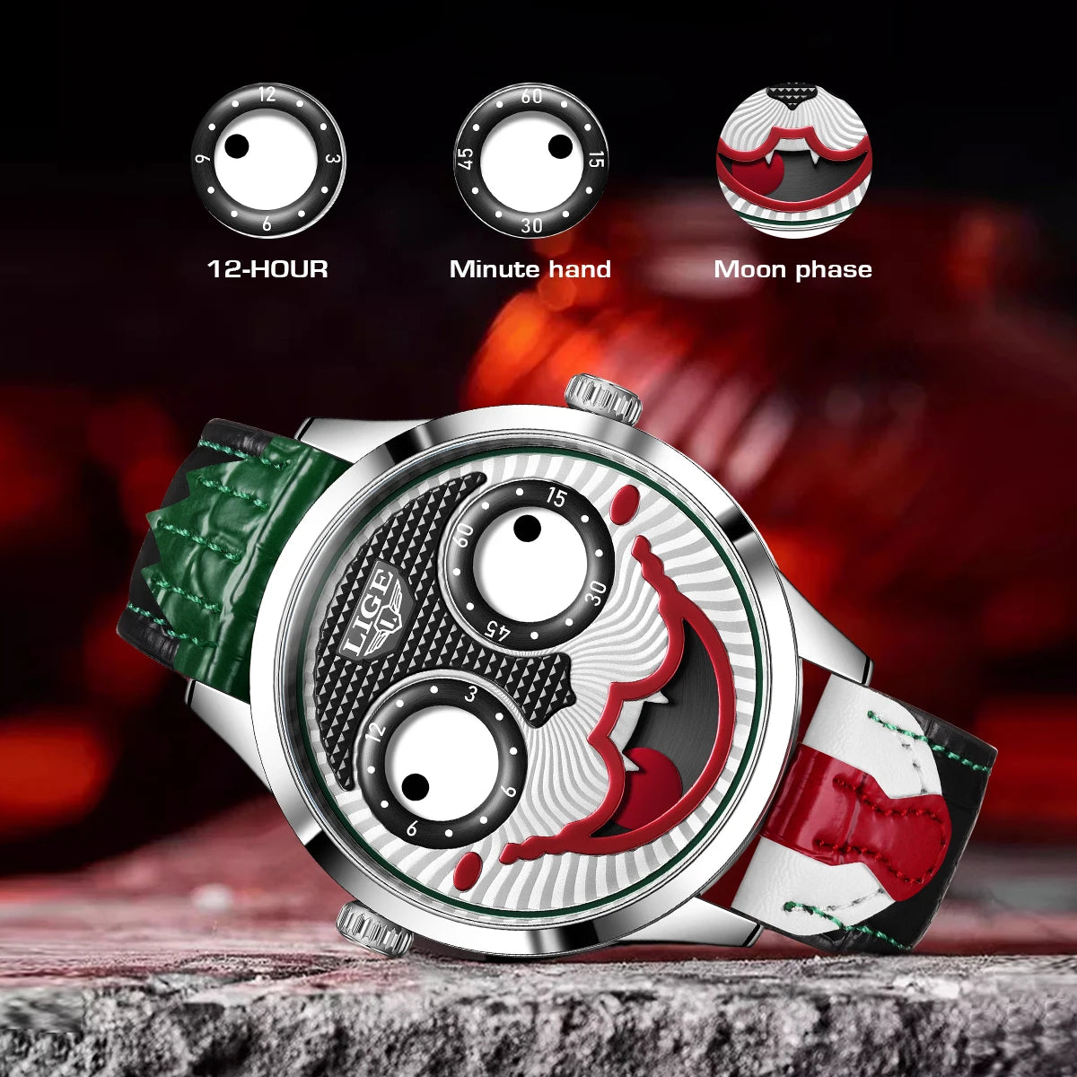 LIGE Cool Joker Watch Men Classic Men's Clown Watches Fashion Leather Strap Waterproof Quartz Wristwatches For Men Reloj Hombre