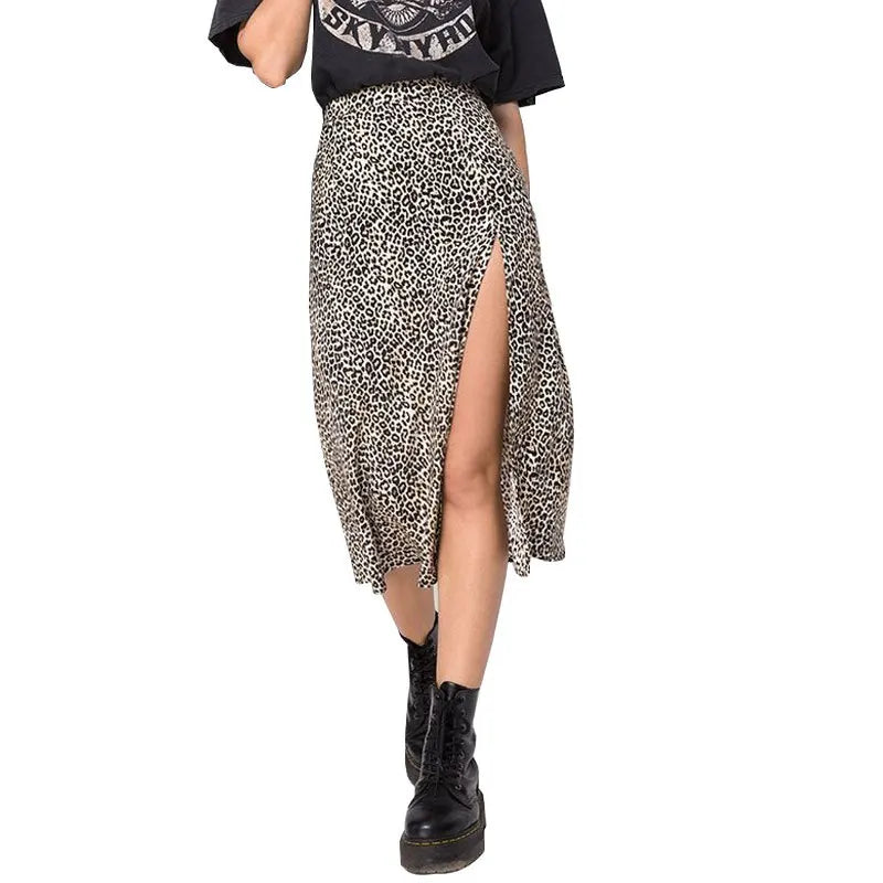 Women's High Waist Leopard Floral Polka Dot Printed High Waisted Stretchy Split Long A-line Skirt for Spring and Summer Season