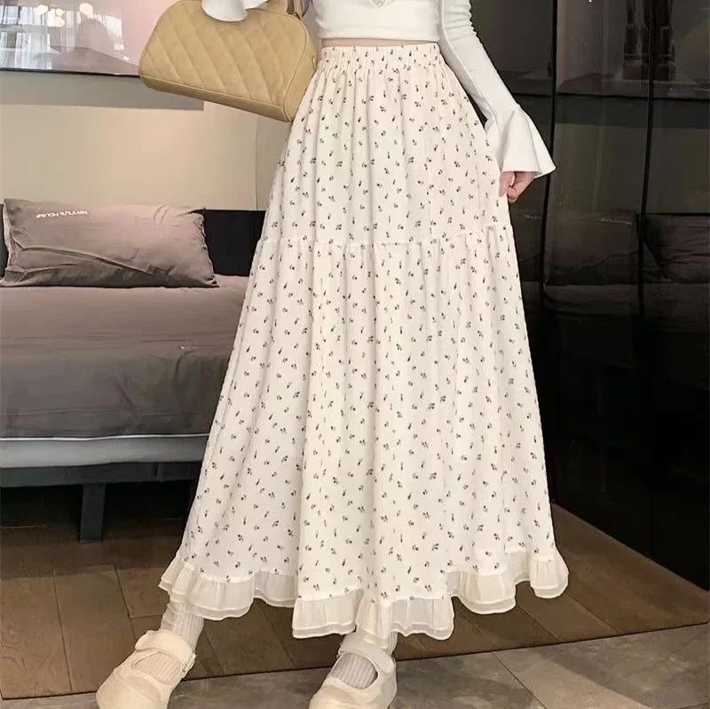 2024 New White Floral Skirt with High Waist Mid Length Design for Spring and Summer Niche Long Skirt Irregular Fairy Skirt