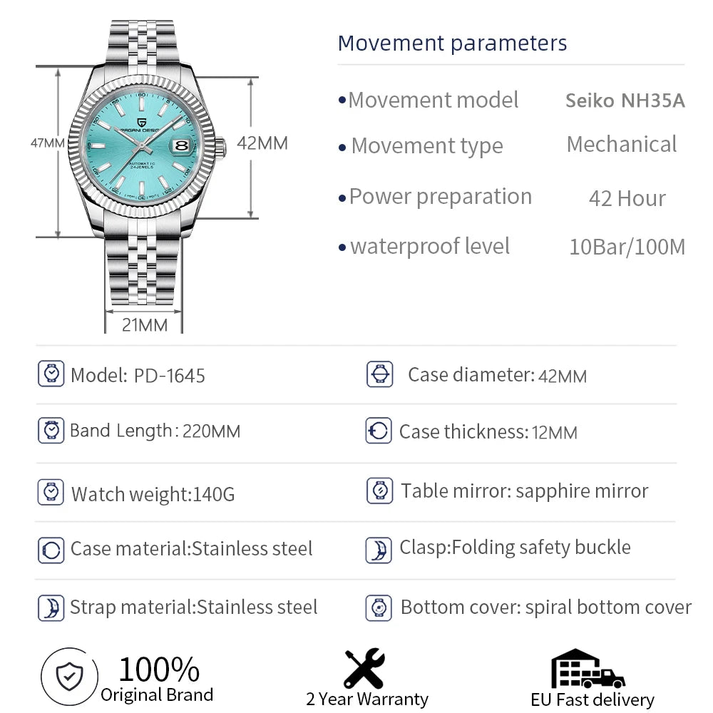 2024 New PAGANI DESIGN 42MM Men Mechanical Watches Commercial NH35 Automatic Watch 100M Waterproof Stainless Steel Watch for Men