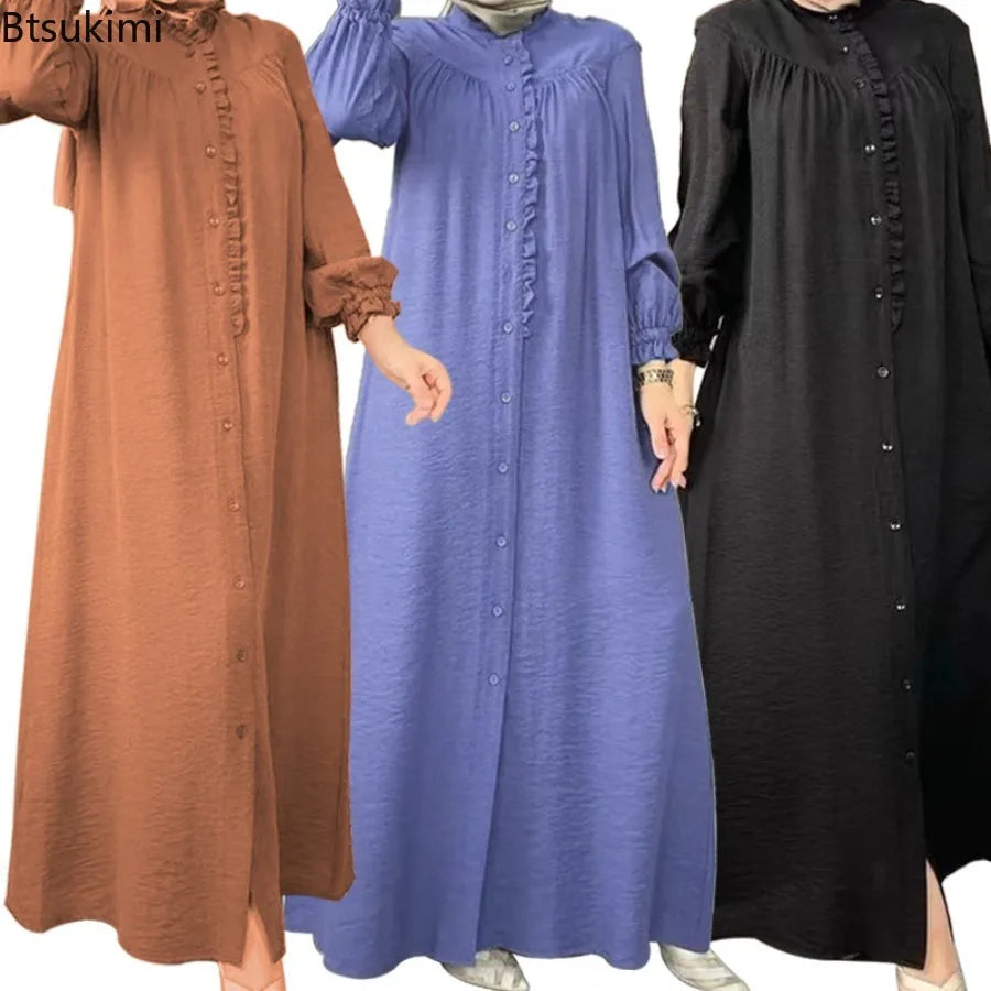 Muslim Fashion Modest Abaya for Women Morocco Solid Casual Robe Puff Sleeve Party Evening Dresses Female Button-up Long Vestidos