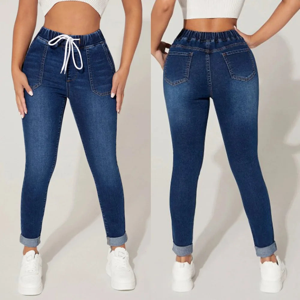 Stretch Pencil Pants Women High Waist Lace Up Distressed Denim Ankle Length Trousers Slim Denims 2024 Streetwear Vintage Jeans