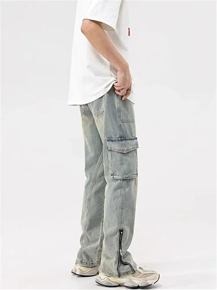 Mud Yellow Jeans for Men Y2K Solid Color Overalls with Buttons Multi-pocket Zipper To Make Old Pants Loose A148