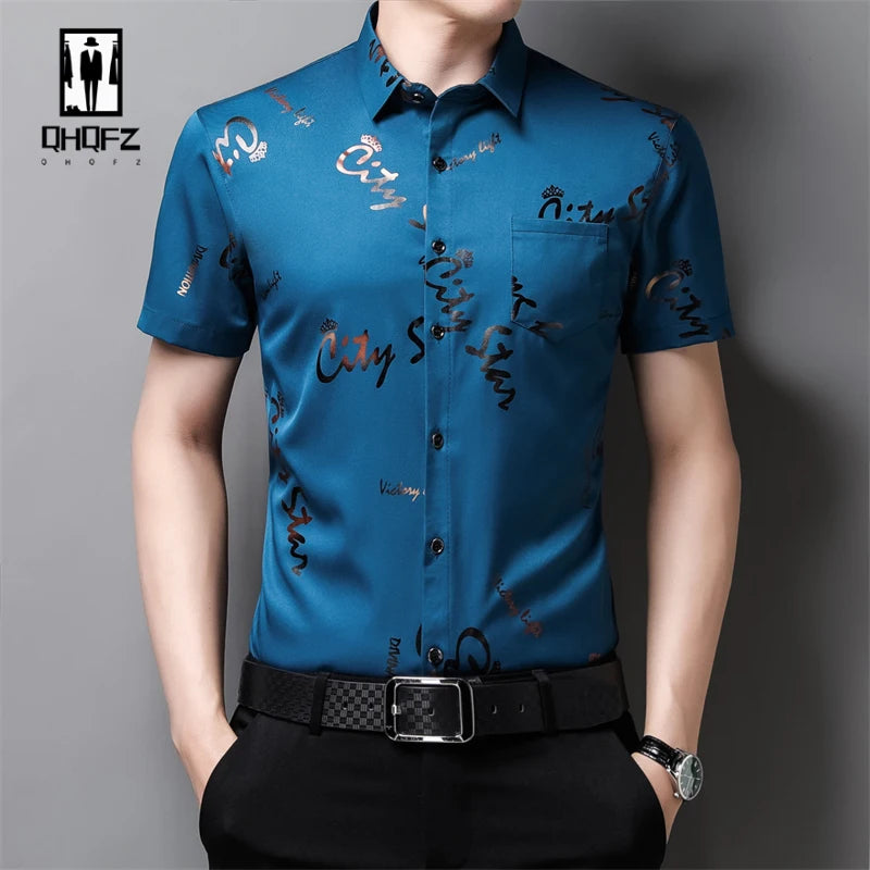 Men's Casual and Fashionable Short Sleeved Printed Shirt Wrinkle Resistant Business Top Without Ironing