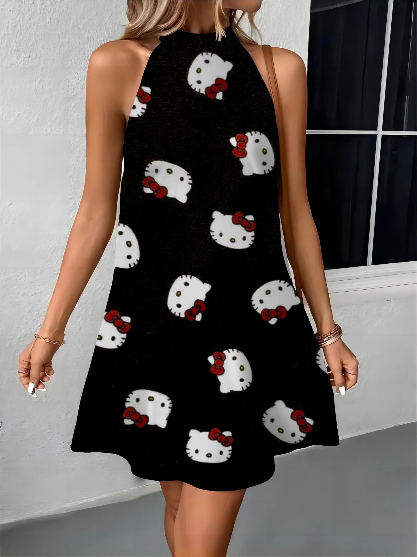 Beach Female Women's Dress Off Shoulder Midi Dresses Hello Kitty Bow Knot Apron Womens Fashion Summer 2024 Elegant Party Evening