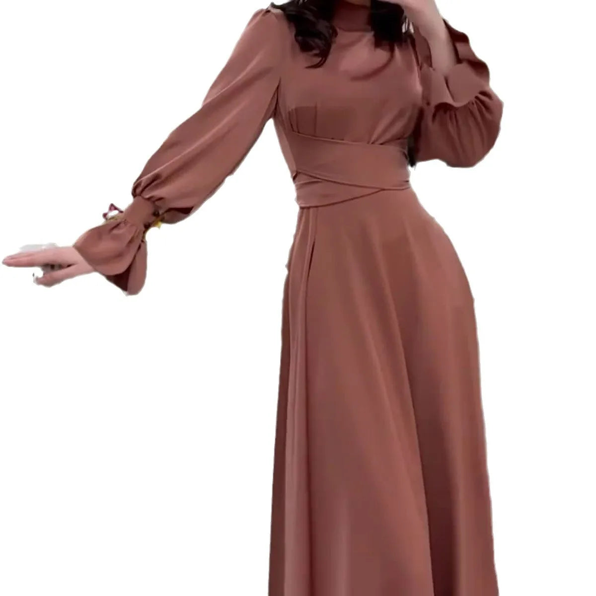 Satin Long Sleeves Dress for Women Elegant Temperament Dubai Abayas Casual Spring Muslim Dress Robe Femme Slim Evening Dresses