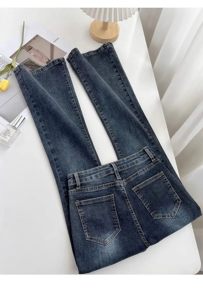 Slim-fit High-waisted Micro-flared Jeans, Women's Spring and Autumn New Fashion Stretch Horseshoe Long Pants,Water Washing Jeans