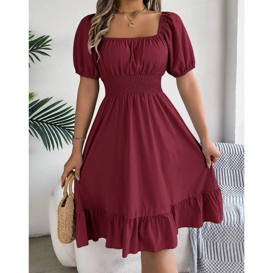 Women's MIidi Dresses 2024 Summer Casual Square Neck Short Sleeved Waist Ruffle Edge Dress Dress Women Elegant Платья Женские