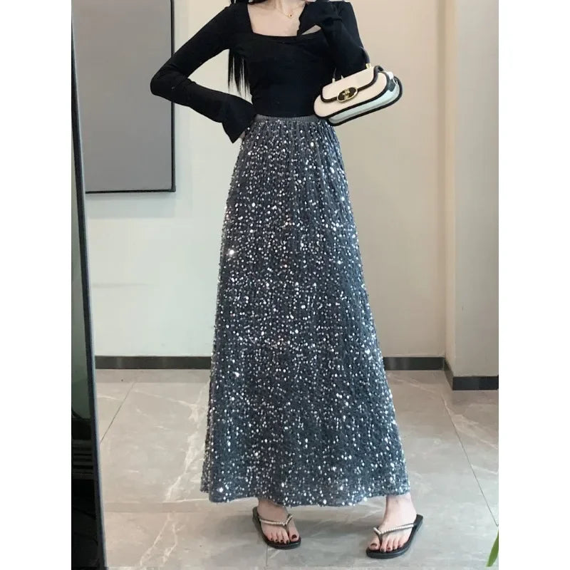 Sequin Clothing Harajuku Y2K Fashion Women Black Streetwear Elegant High Waist Korean Casual All Match A Line Fashion Skirts