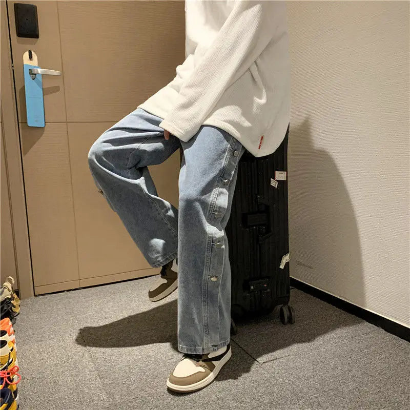 Men's baggy jeans, a tousled waist, classic solid color, buttons and wireleg pants, men buckle pants Korean fashion