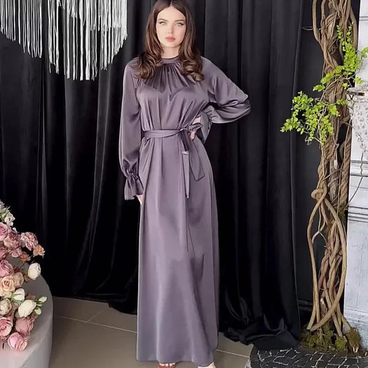 Long Sleeve Muslim Dress Women Solid Satin Dress for Women Slim-fit Belt Evening Dresses Abaya Dubai Islamic Clothing Vestidos