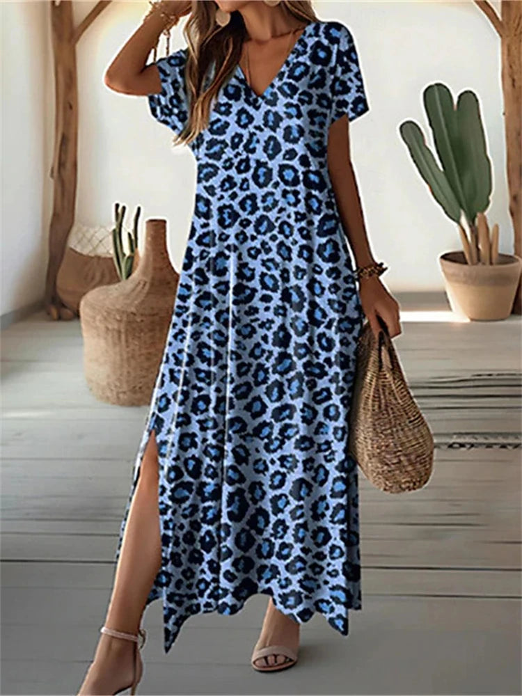 New Vacation Women's Dresses Sexy Leopard Print Elegant Midi Dresses Short Sleeve Dresses Fashion Oversized Dresses 2025 Summer