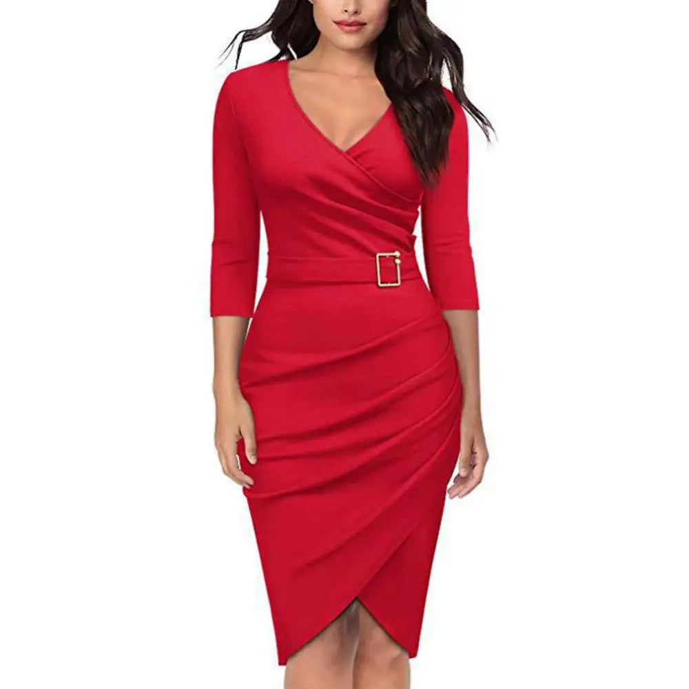 Hot apparel summer Solid Color Women V Neck 3/4 Sleeve High Waist Belted Irregular Pencil Dress