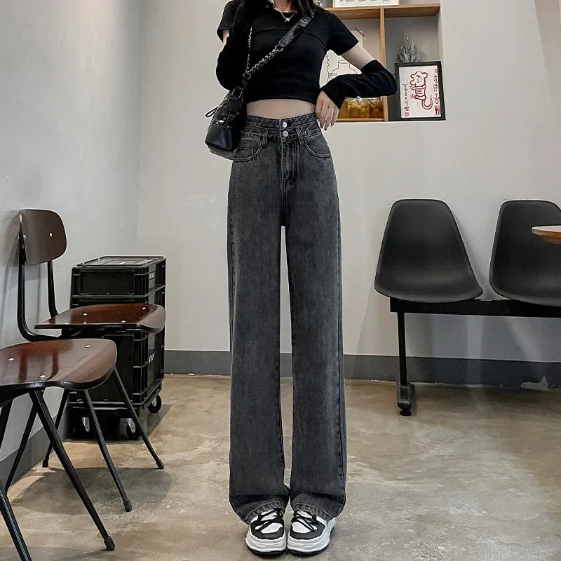 Double-button High-waisted Straight Leg Jeans, Women's Spring and Autumn New Casual Wide-leg Pants, Loose Floor-length Jeans