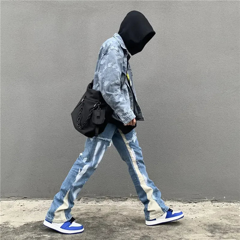 Stylish Men Flared Jeans Drawstring Elastic Waist Baggy Pants Straight Loosen Ink Spliced Denim Trousers Pantlones Hombre