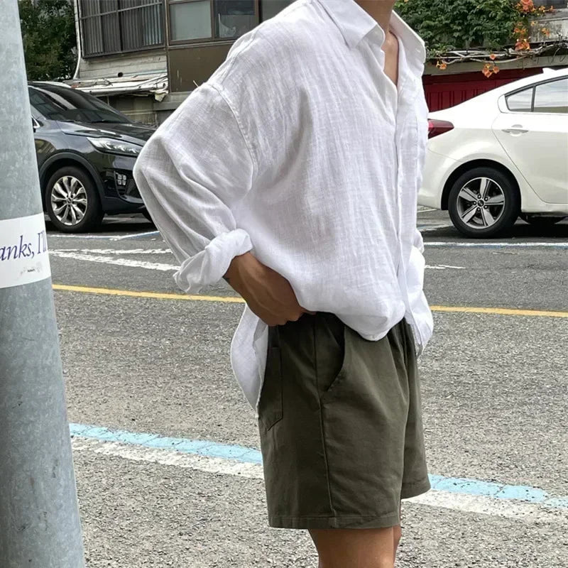 2024 Unisex Oversized Linen Shirt Coat Men's Long Sleeve Casual Loose Fit Fashion Japanese Korean Style Sun Protection Clothing