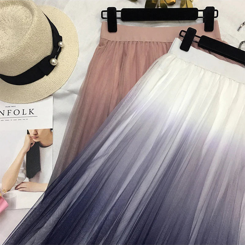 Long Tulle Skirt Women 2019 Autumn Gradient Korean Elegant High Waist A-line Pleated School Midi Skirt Female