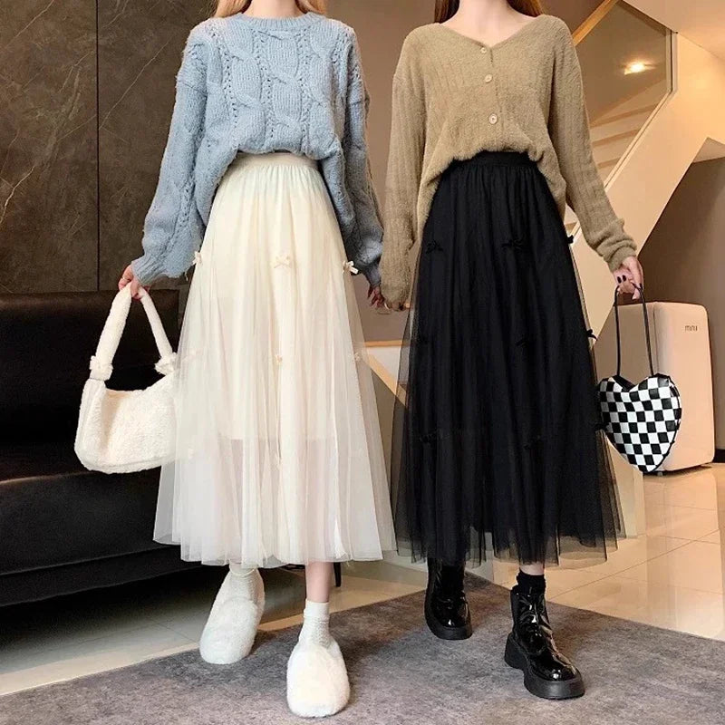 Elegant Black Tulle Skirts Women 2025 Fashion Casual High Waist Kawaii Skirt Adjust Waist Korean Mid Length Pleated Skirts Bow