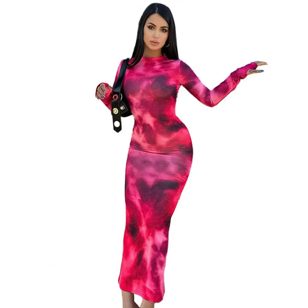 O Neck Tie-dye Dress Elegant Women's Long Sleeve Maxi Dress with Round Neck Slim Fit Ankle Length Tie-dye for Spring for Women