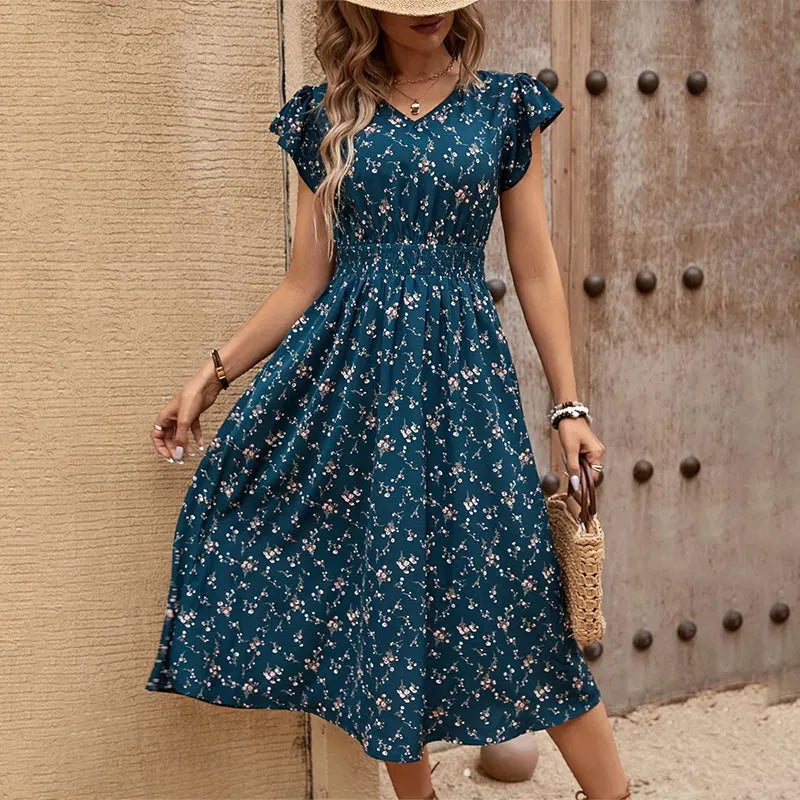 Elegant Floral Long Dress 2025 Summer Women's Fashionable V-neck Printed Short Sleeved Elastic Waist Casual Midi Dress Vestidos