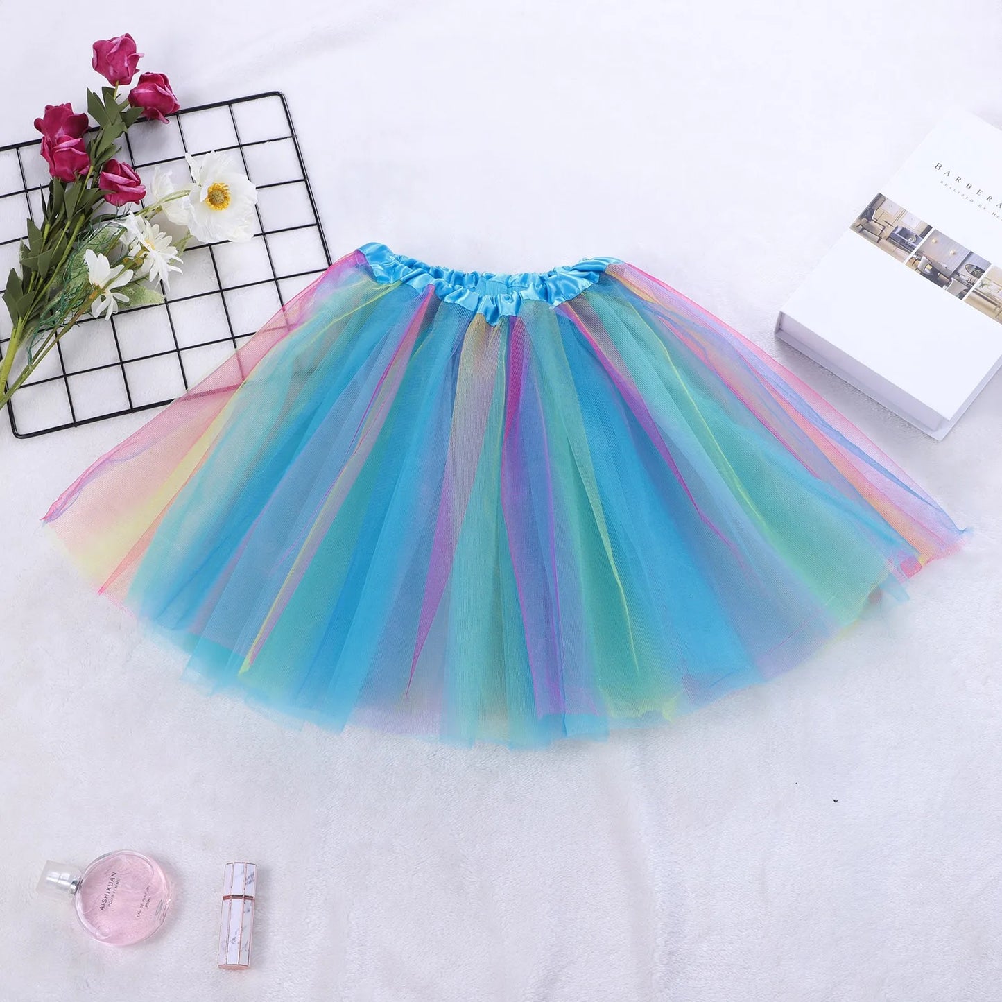 Women Short Tutu Skirt Elastic Waist Multicolor Patchwork Tulle Fluffy Dance Party Ballet Perform Festival Adult Skirt