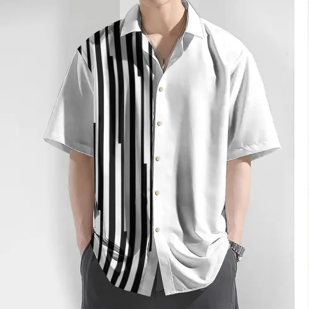 2024 3d Striped Print Men's Shirt Summer Casual Short Sleeve Tops Loose Oversized Hawaiian Shirts For Men Quick Dry Man Clothing