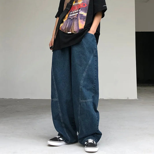 New Wide Leg Pants Men's Fashion Baggy Solid Color Stitching Trousers Harajuku Casual Loose Oversize Jeans Men Clothing Y2K