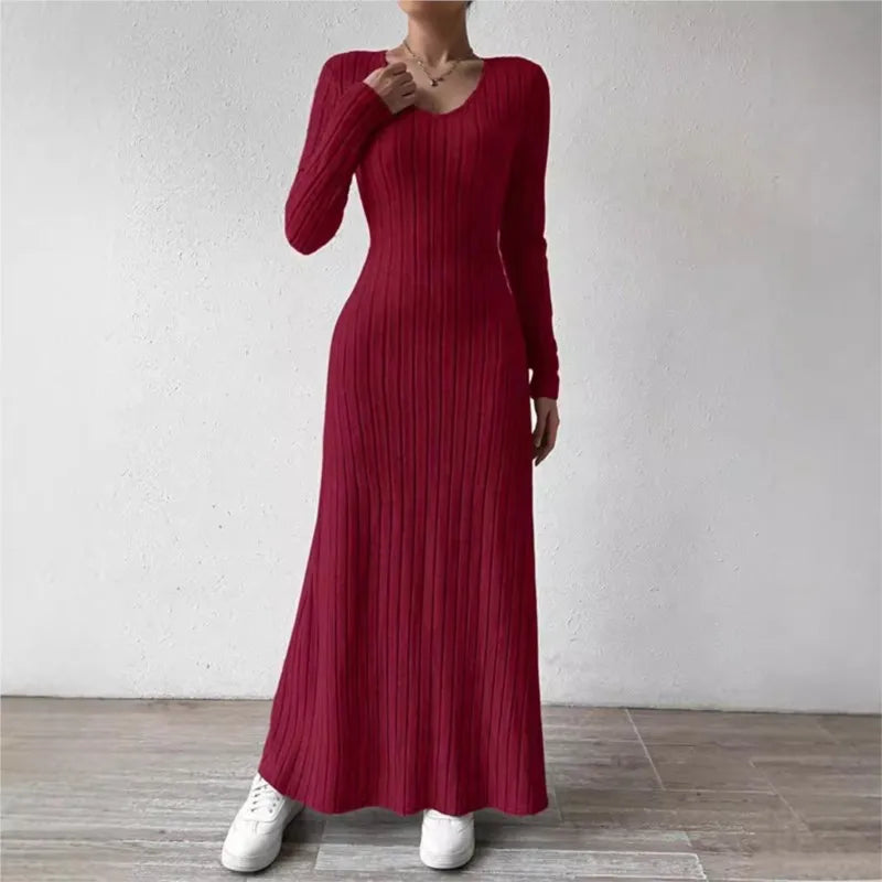 Autumn and winter knitted ribbed slim fit long sleeved A-line lady long skirt solid color Vneck tight skirt elastic knitted robe