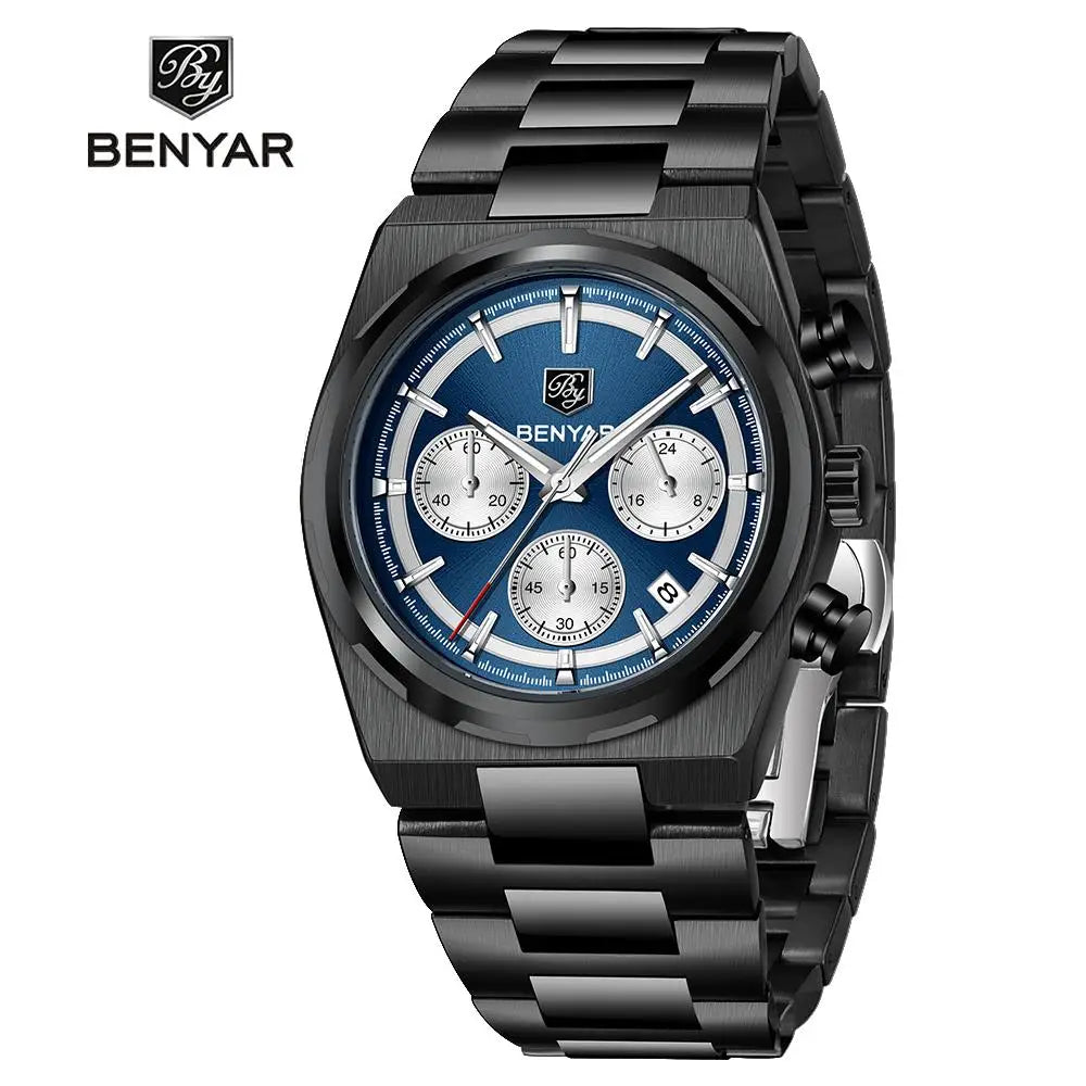 Benyar 40MM Multi-function Quartz watch Mineral Strengthened Glass Stainless steel waterproof strap Timing clock watch for men