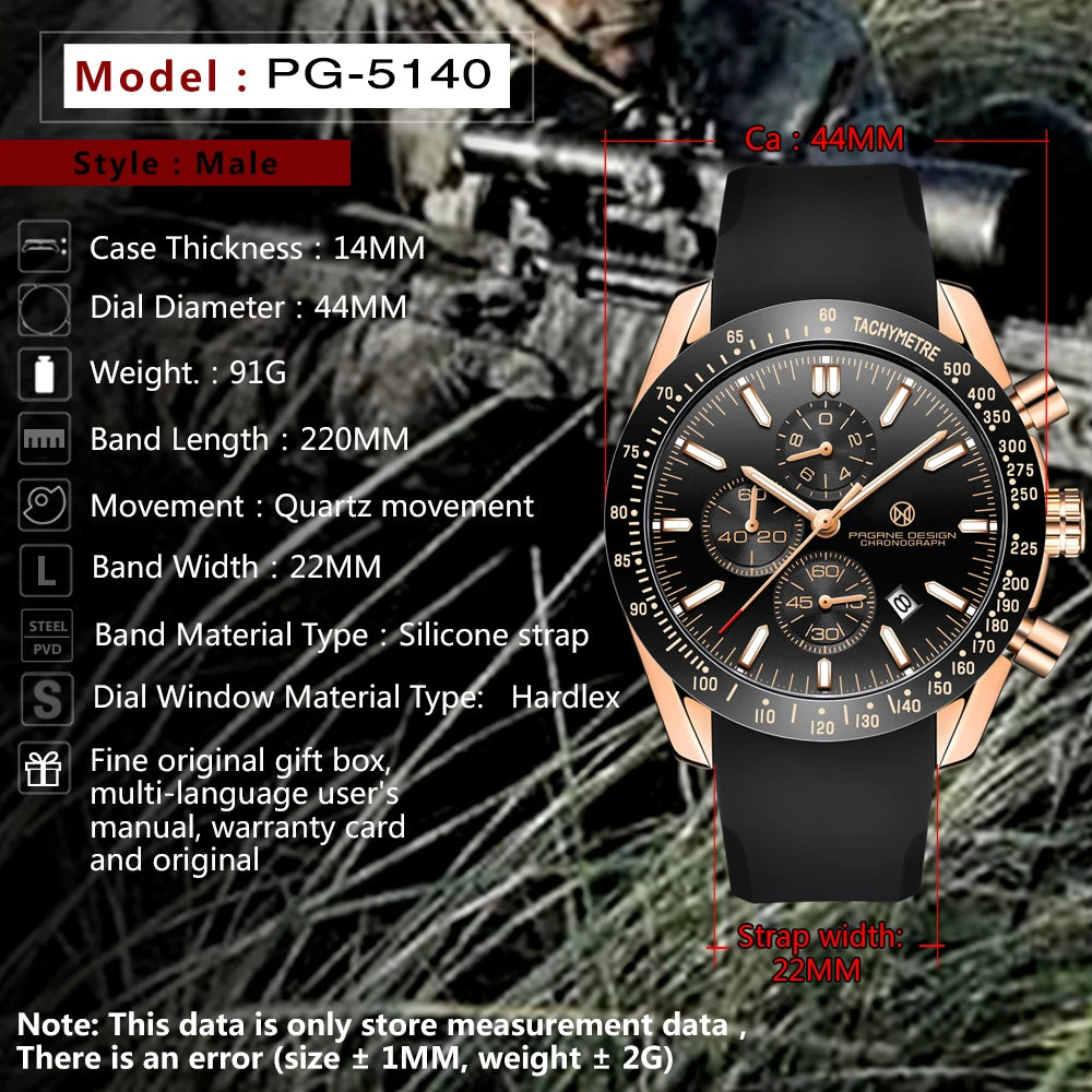 2023 PAGRNE DESIGN Men Quartz Watches 45MM Top Waterproof Luxury Business Sapphire Stainless Steel Relogio Masculino 5140