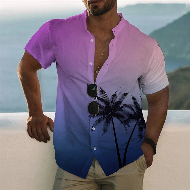 Casual Coconut Tree Graphic Beach Shirts Summer Fashion Short Sleeve Lapel 3D Printed Hawaiian Shirts Mens Loose Vacation Blouse